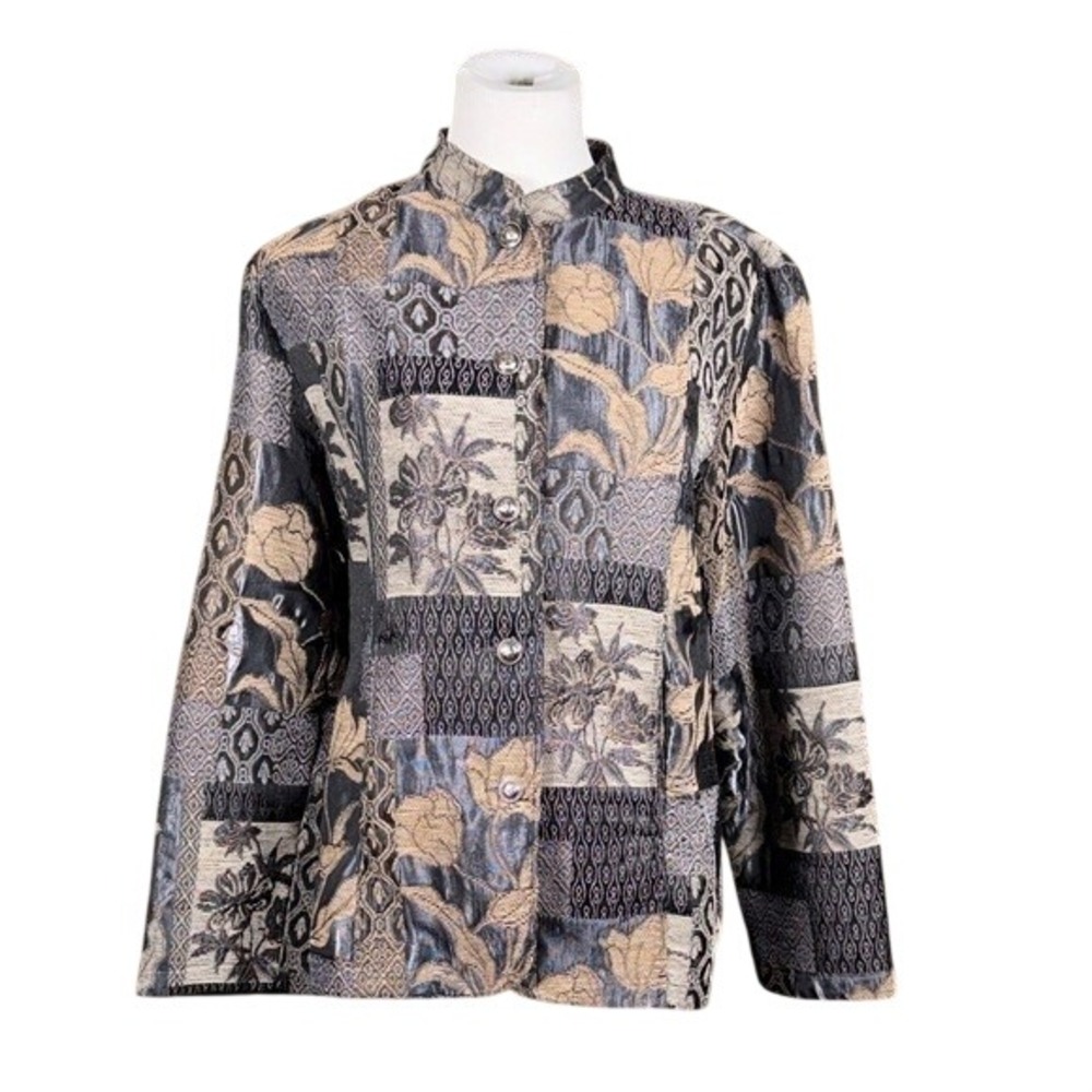 Tudor Court Haband Womens Tapestry Patchwork Floral Jacket Black Grey Tan L D6V